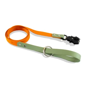 Guia de Biothane double color, laranja e verde, para cachorro, com mosquetão de engate rápido