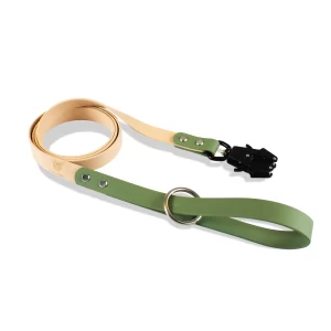 Guia de Biothane double color, nude e verde, para cachorro, com mosquetão de engate rápido