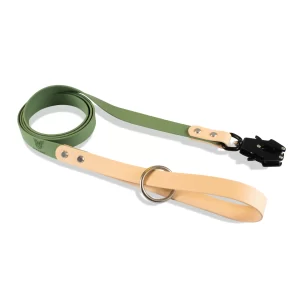 Guia de Biothane double color, verde e nude, para cachorro, com mosquetão de engate rápido